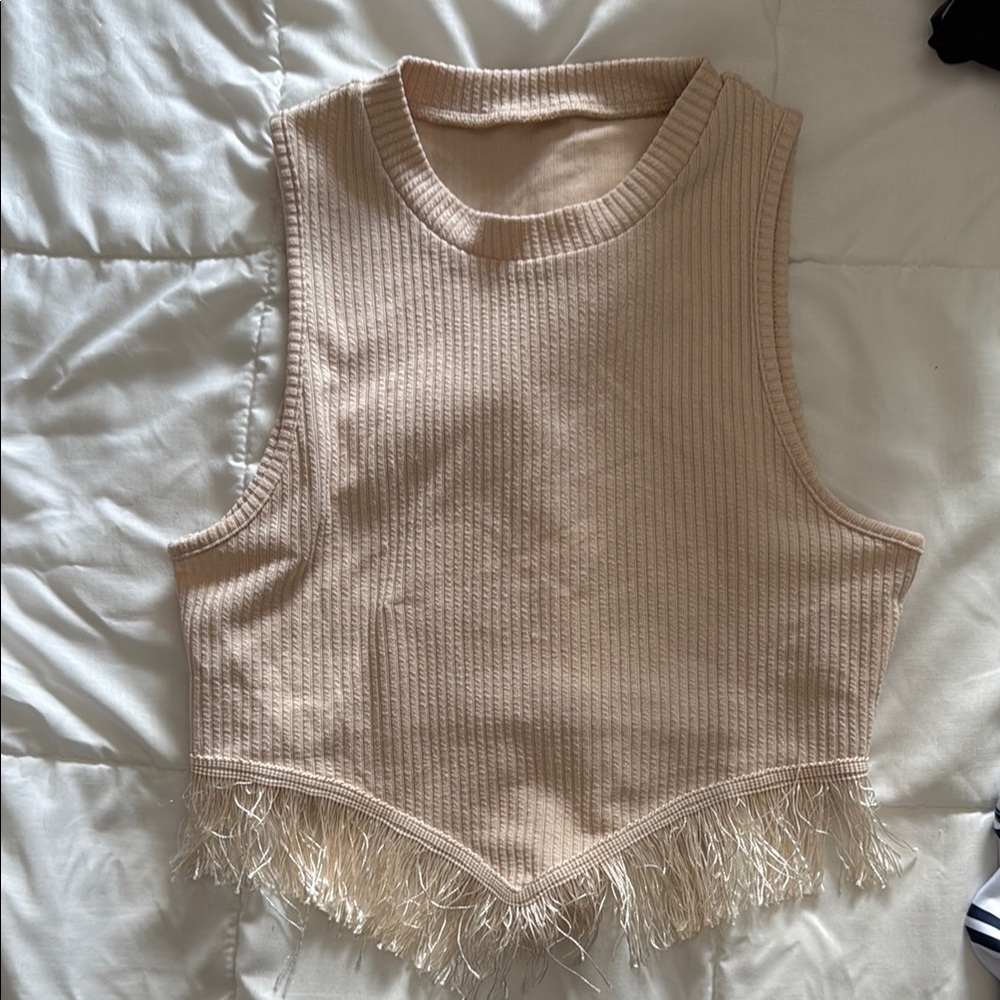 Sleeveless Fringe Hem Top - tan